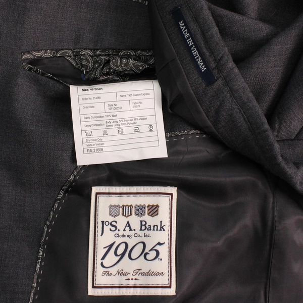 Jos. A. Bank Dark Gray Wool Suit Jacket Men's Size 46 Short