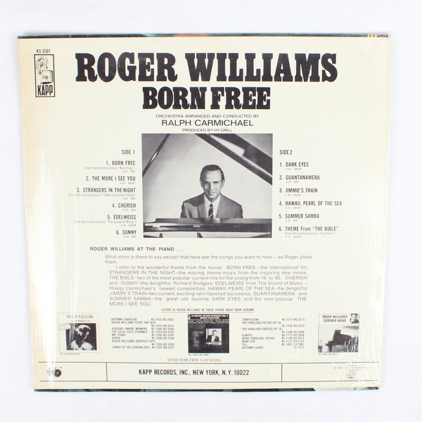 Roger Williams Born Free Kapp Records 33 RPM Vinyl LP Record KS-3501