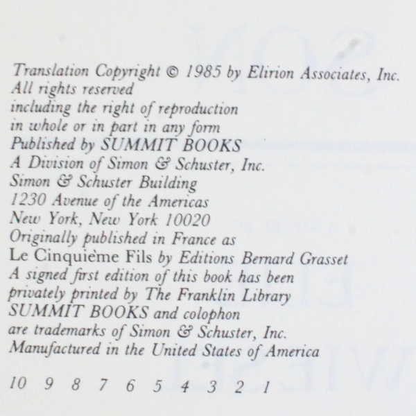 The Fifth Son by Elie Wiesel Translated by Marion Wiesel 1985 Hardcover DJ