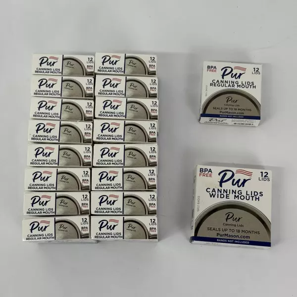 17 Boxes of 12 Pur Narrow Mouth Canning Lids Plus 1 Box of Wide Mouth