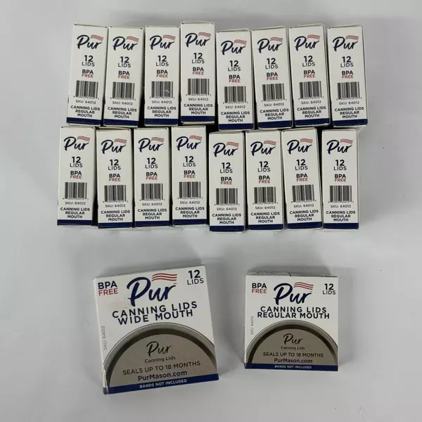 17 Boxes of 12 Pur Narrow Mouth Canning Lids Plus 1 Box of Wide Mouth