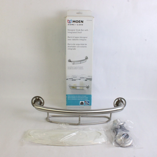 Moen Bathroom Safety 16" Screw In Curved Bathroom Grab Bar Built-In Shelf