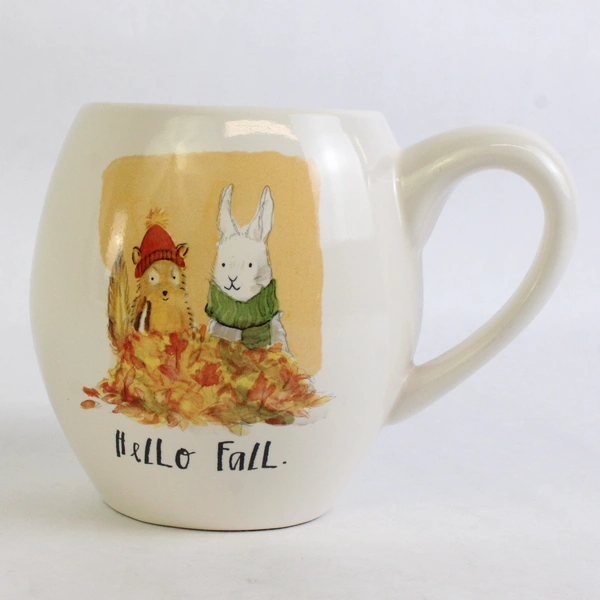 Rae Dunn Hello Fall Rabbit & Squirrel Mug Orange Interior 4.25" Tall