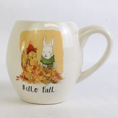 Rae Dunn Hello Fall Rabbit & Squirrel Mug Orange Interior 4.25" Tall