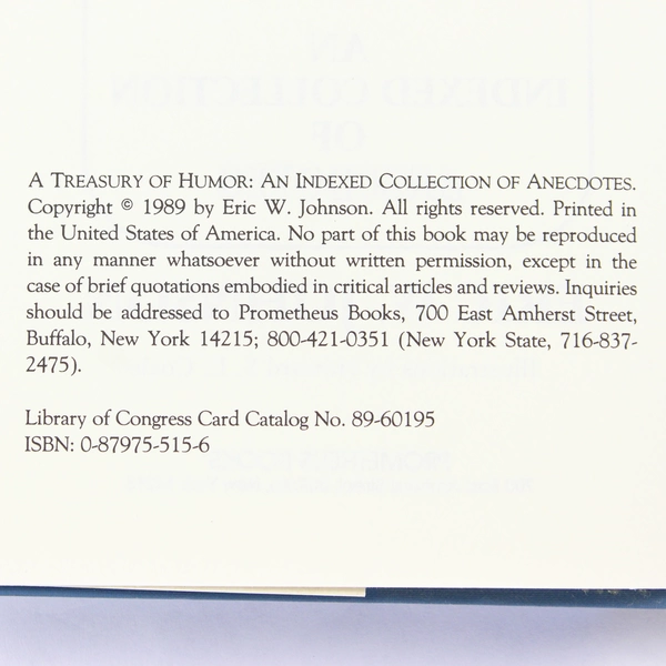 A Treasury of Humor An Indexed Collection of Anecdotes Eric W Johnson 1989 HC DJ