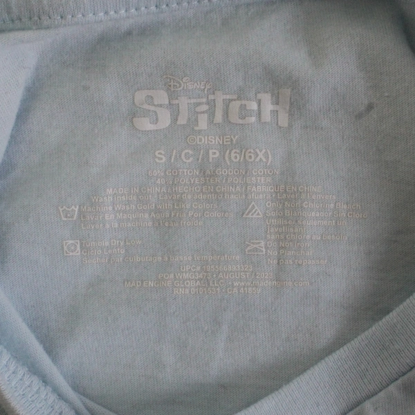 Disney Stitch Light Blue Kids T-Shirt Size Small (6/6X)