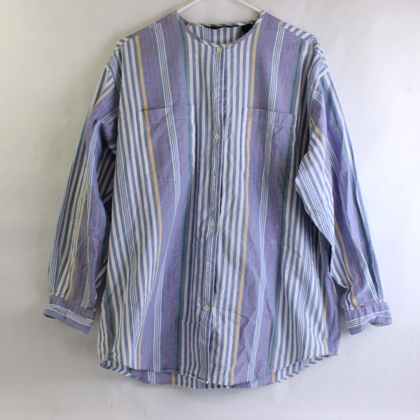 Eddie Bauer Womens Medium Striped Button Up Shirt Long Sleeve Collarless