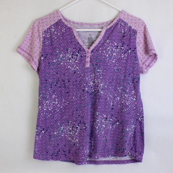 St. Johns Bay Active Purple/Pink Half Button T-Shirt, Size Petite Small