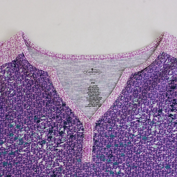 St. Johns Bay Active Purple/Pink Half Button T-Shirt, Size Petite Small