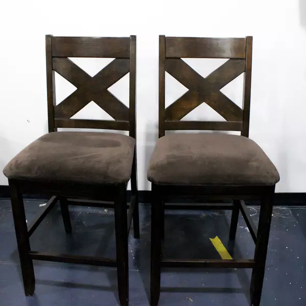 Set of 2 Jofran Cross Back Tall Bar Chairs Wood Frame Tan Upholstery