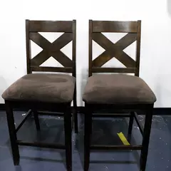 Set of 2 Jofran Cross Back Tall Bar Chairs Wood Frame Tan Upholstery