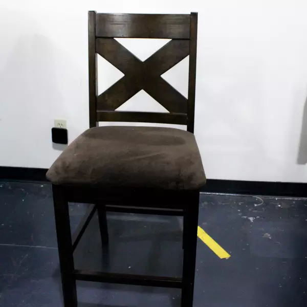 Set of 2 Jofran Cross Back Tall Bar Chairs Wood Frame Tan Upholstery