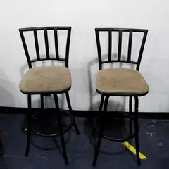 Set of 2 Tall Black Swivel Bar Stool Chairs with Tan Upholstery and Backrest