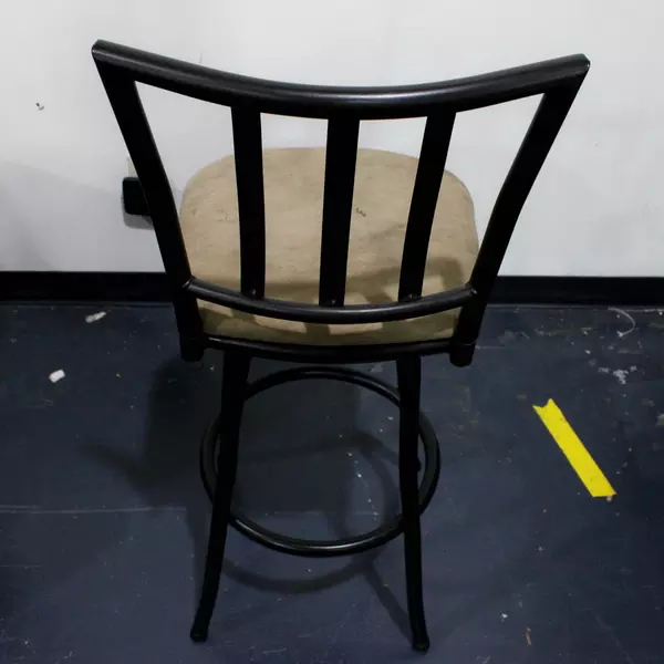 Set of 2 Tall Black Swivel Bar Stool Chairs with Tan Upholstery and Backrest