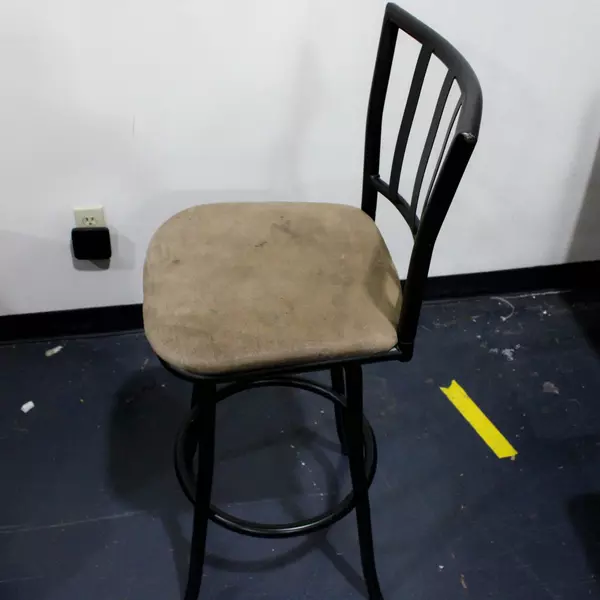 Set of 2 Tall Black Swivel Bar Stool Chairs with Tan Upholstery and Backrest