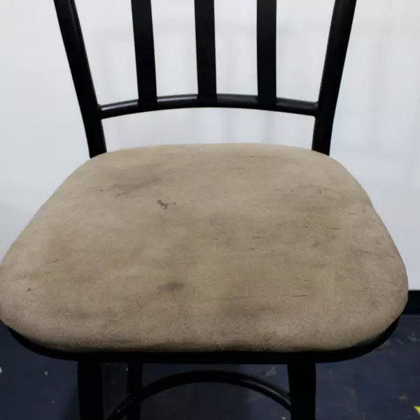 Set of 2 Tall Black Swivel Bar Stool Chairs with Tan Upholstery and Backrest