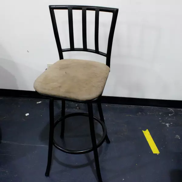 Set of 2 Tall Black Swivel Bar Stool Chairs with Tan Upholstery and Backrest