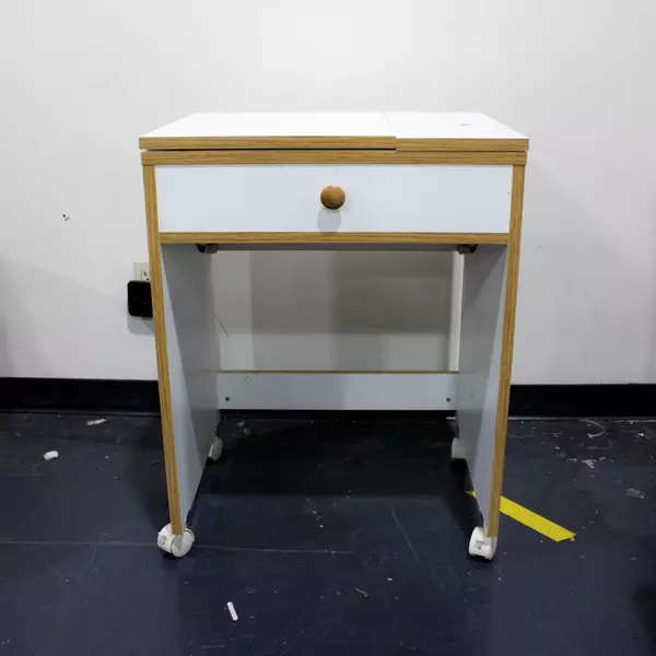 Rolling White Sewing Table with Fold-Out Leaves and Built-in Measuring Guide