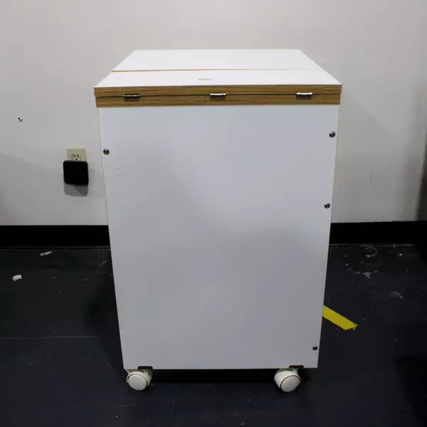 Rolling White Sewing Table with Fold-Out Leaves and Built-in Measuring Guide