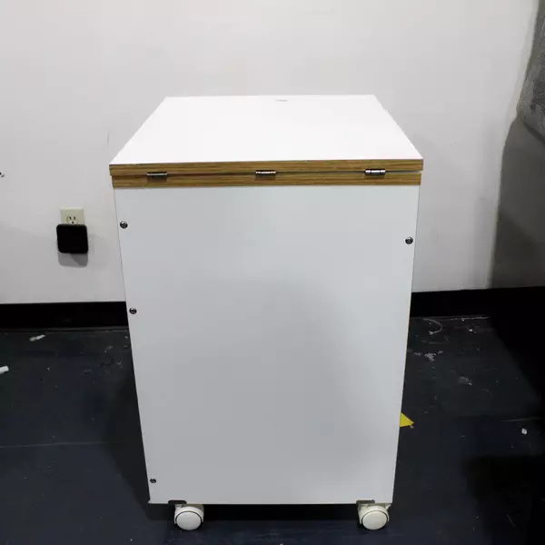 Rolling White Sewing Table with Fold-Out Leaves and Built-in Measuring Guide