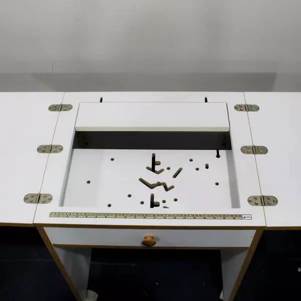 Rolling White Sewing Table with Fold-Out Leaves and Built-in Measuring Guide