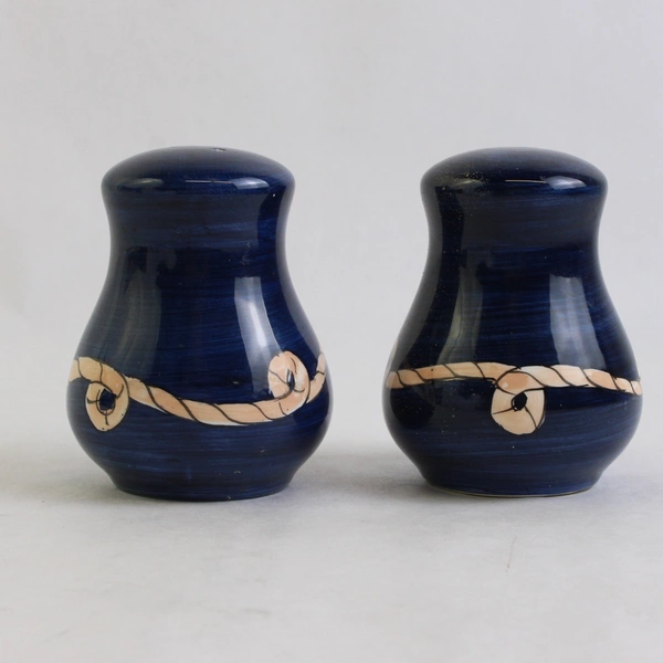 Pair of Cobalt Blue Salt & Pepper Shakers Nautical Rope Design Hand-Painted