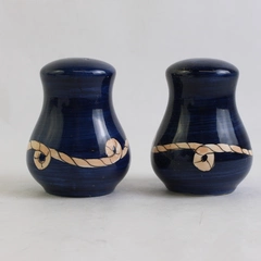 Pair of Cobalt Blue Salt & Pepper Shakers Nautical Rope Design Hand-Painted