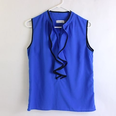 Calvin Klein Womens Blue Sleeveless Blouse w/ Ruffled Collar, Size Small
