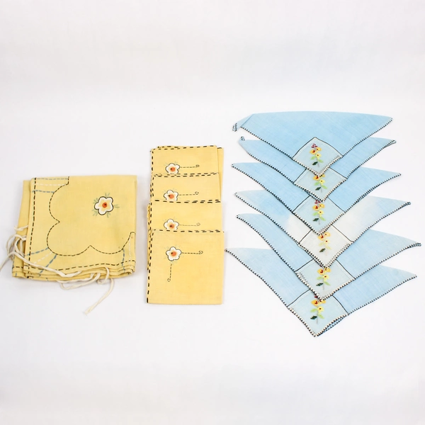 11 Pc Lot VTG Side Tablecloth and Napkins Floral Embroidery DIY Fabric Upcycling