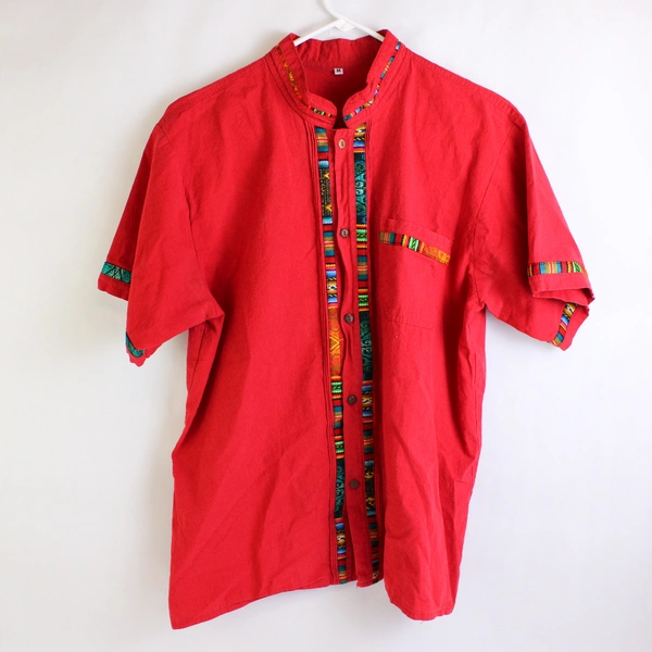 Unbranded Embroidered Red Short-Sleeve Button-Up Men's Size Medium