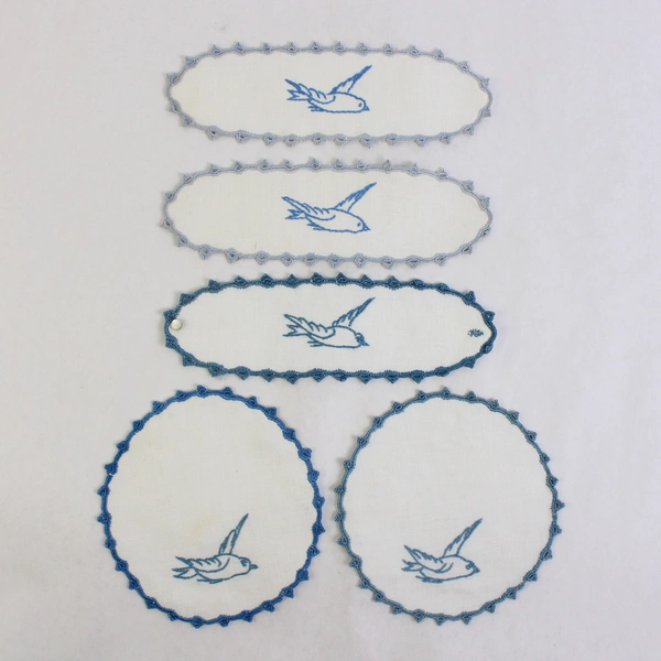 Lot of 5 Vintage Handmade Embroidered Pieces With Crocheted Edging 