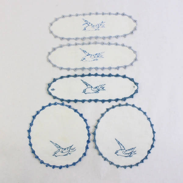 Lot of 5 Vintage Handmade Embroidered Pieces With Crocheted Edging 