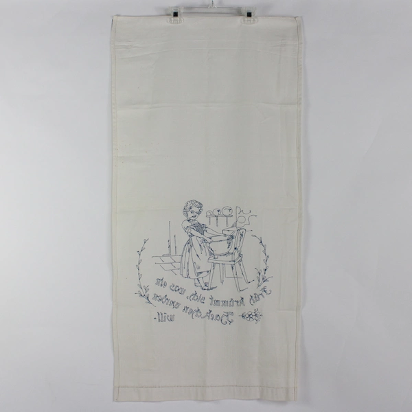 Vintage Embroidered Towel Alsatian German Proverb 21" x 44" Flawed