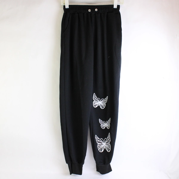 Unbranded Solid Black Color Sweatpants White Butterfly Pattern Womens Size Large