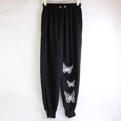 Unbranded Solid Black Color Sweatpants White Butterfly Pattern Womens Size Large
