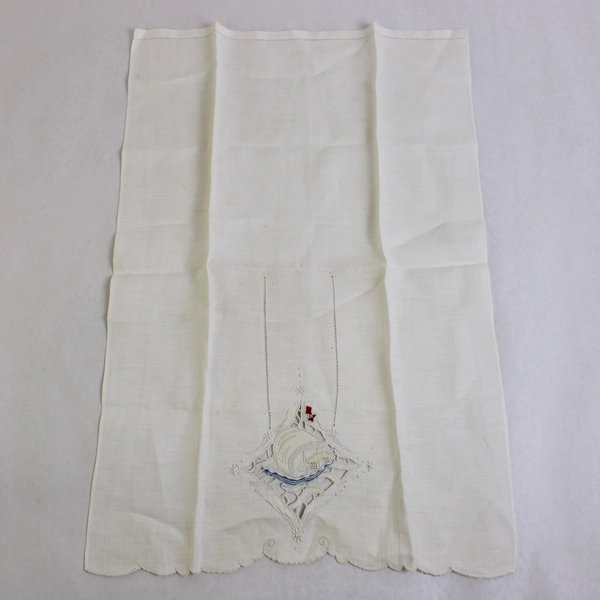 Vintage Embroidered Cutwork Sailboat Design Guest Towel Flawed