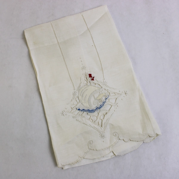 Vintage Embroidered Cutwork Sailboat Design Guest Towel Flawed