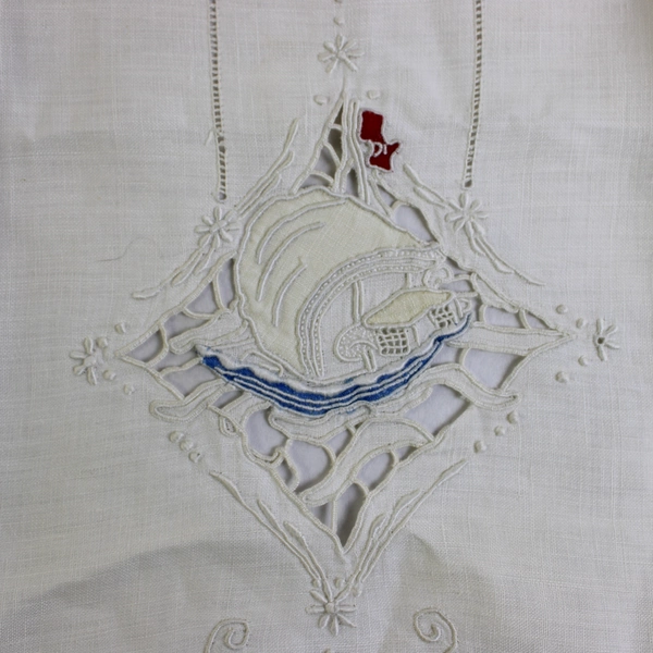 Vintage Embroidered Cutwork Sailboat Design Guest Towel Flawed