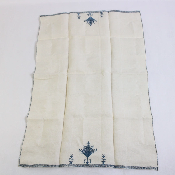 Vintage Cutwork Guest Towel Beige and Blue Embroidery Flawed