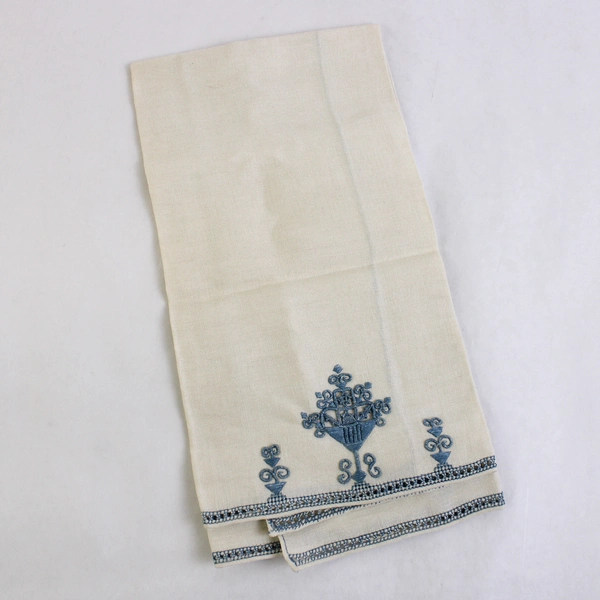 Vintage Cutwork Guest Towel Beige and Blue Embroidery Flawed