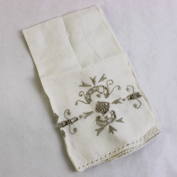 Vintage Cutwork White Guest Towel Gray Embroidery Flawed