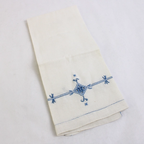 Vintage Cutwork Guest Towel With Blue Embroidery Flawed