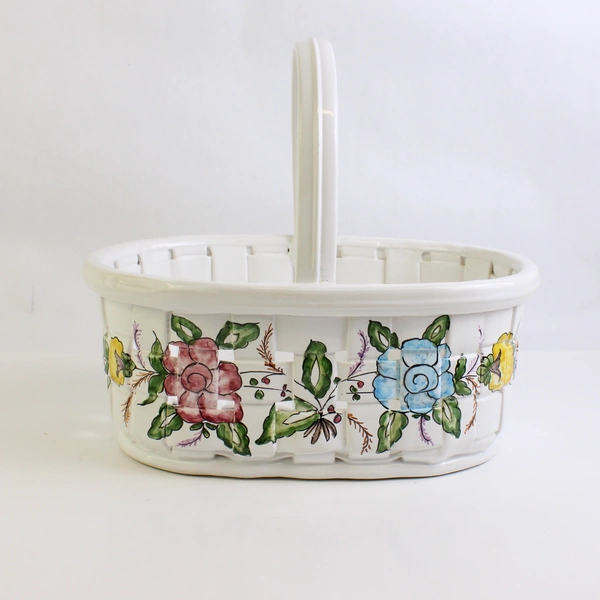Handmade Large White Ceramic Woven Handled Basket Flowers 11.5" Tall