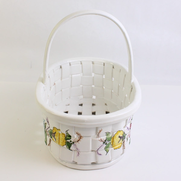 Handmade Large White Ceramic Woven Handled Basket Flowers 11.5" Tall