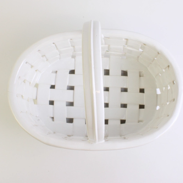 Handmade Large White Ceramic Woven Handled Basket Flowers 11.5" Tall