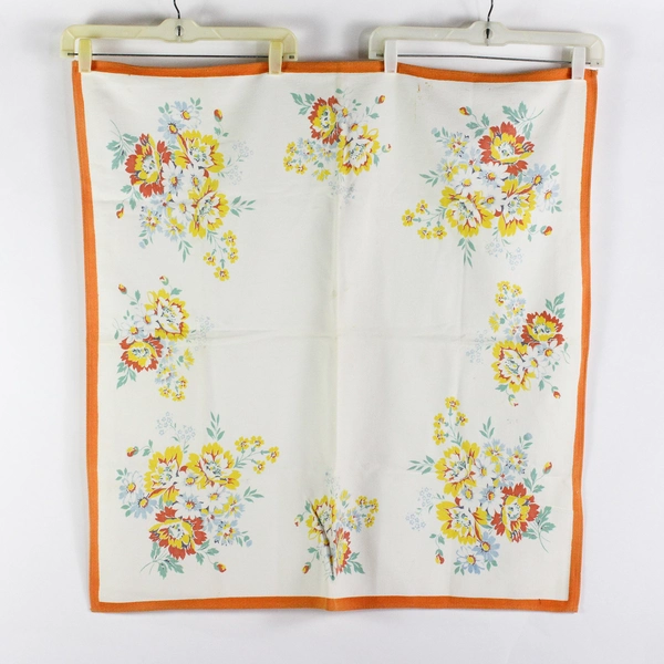 Vintage Yellow and Orange Floral Pattern Tea Tablecloth 32" Square Flawed