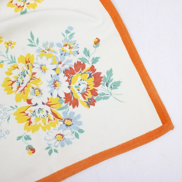Vintage Yellow and Orange Floral Pattern Tea Tablecloth 32" Square Flawed
