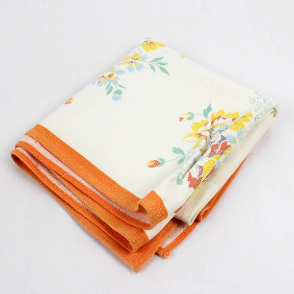 Vintage Yellow and Orange Floral Pattern Tea Tablecloth 32" Square Flawed