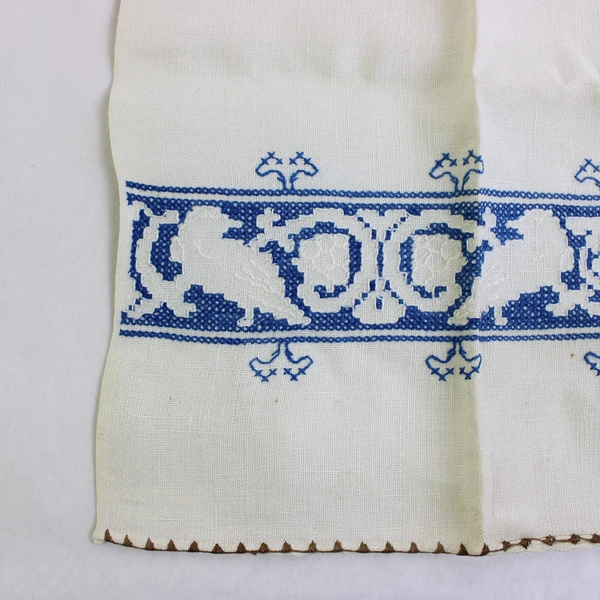 Vintage Linen Guest Towel with Bird Cross Stitch Design Flawed
