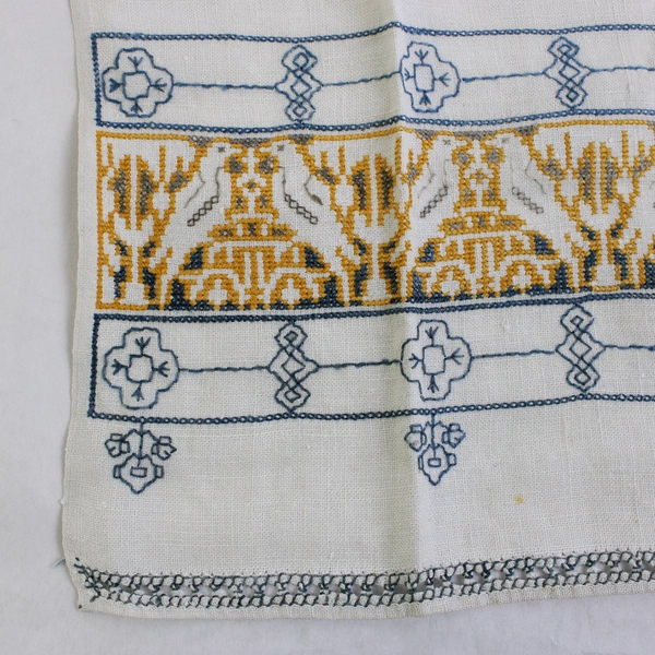 Vintage Linen Guest Towel Blue and Yellow Bird Cross Stitch Design Flawed